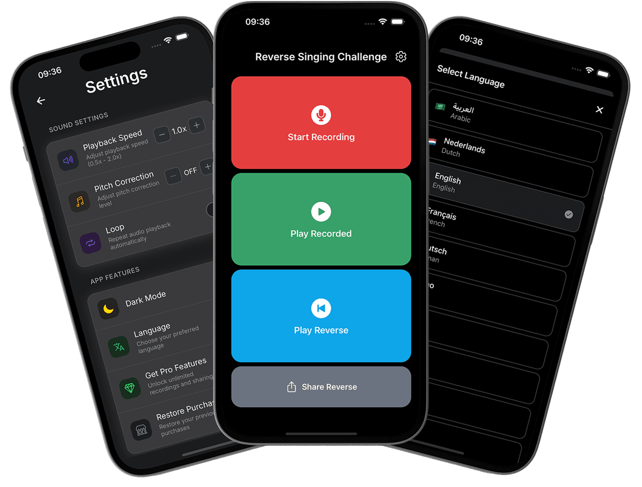 Pantallas de la app SingBack para grabar y escuchar audio al revés